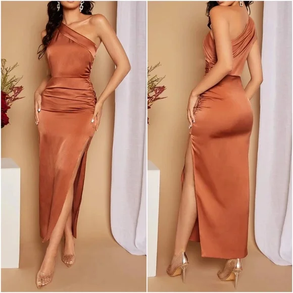 Luxe One Shoulder Satin Formal Evening party Dress - Picture 4 of 8